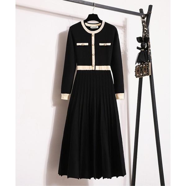 ワンピース バイカラープリーツニットワンピース