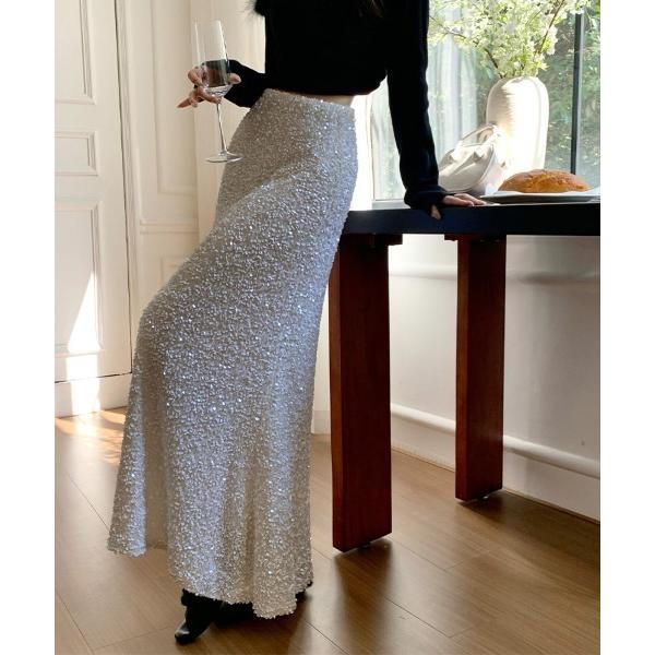 スカート スパンコールデザインフレアスカート