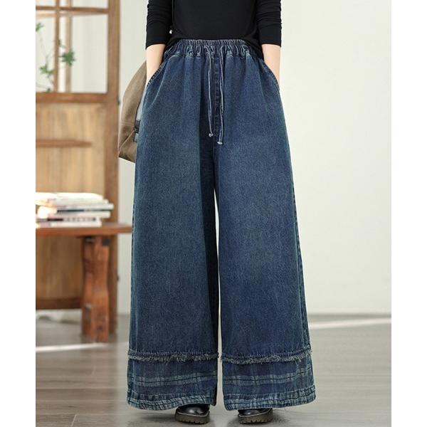ジーンズ デニム デニムパンツ フリンジデザインワイドデニムパンツ レディース