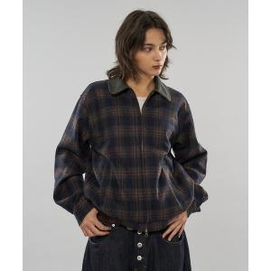 ブルゾン アウター 「 3color / 3size 」FAKE LEATHER COLLAR ASSORT CHECK JACKET