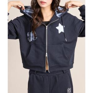 パーカー 「セットアップ着用可能」フードプリントアップリケパーカー レディース