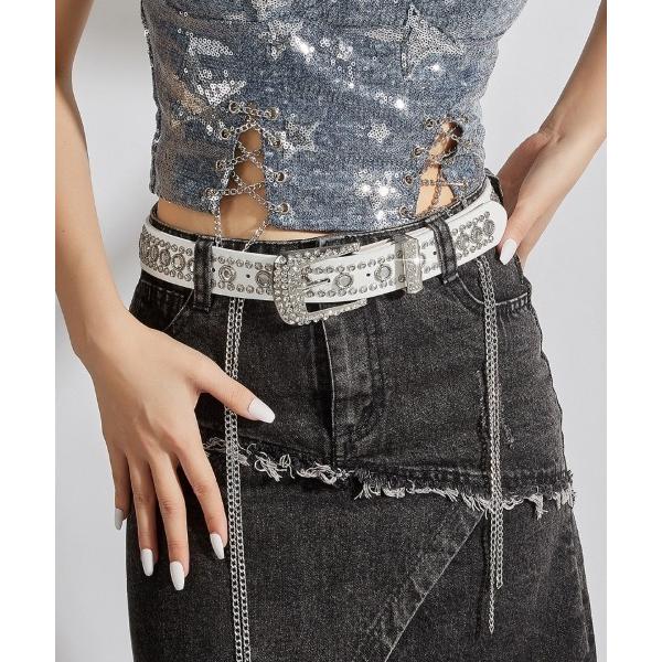 ベルト ラインストーンバックル付きウエスタンスタイルベルト/キラキラギャルベルト レディース