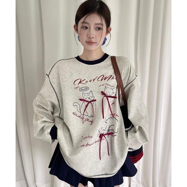 トレーナー スウェット キャットプリント オーバーサイズスウェット レディース