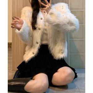 ジャケット ノーカラージャケット パールデザイン フェイクファー ノーカラー ジャケット レディース