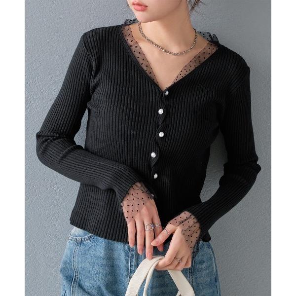 ニット セーター パールボタン ドットチュールレイヤードツイストカーデ レディース