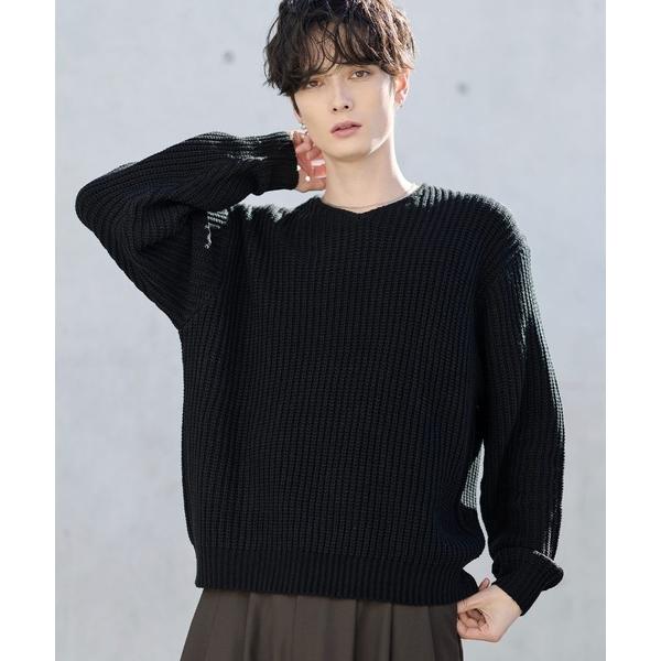 セーター ニット 畦編みVネック短丈ニット メンズ