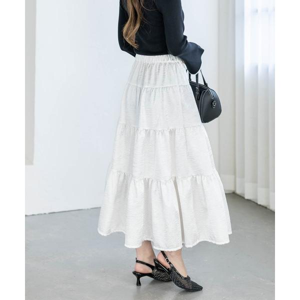 スカート シュリンク加工ティアードロングスカート「大人 フェミニン 上品」