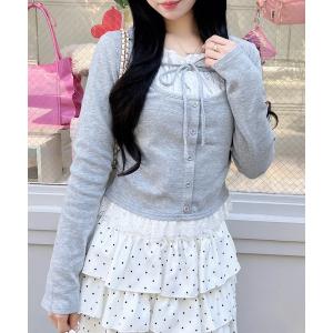 tシャツ レースレイヤード風リボン付きリブトップス レディース