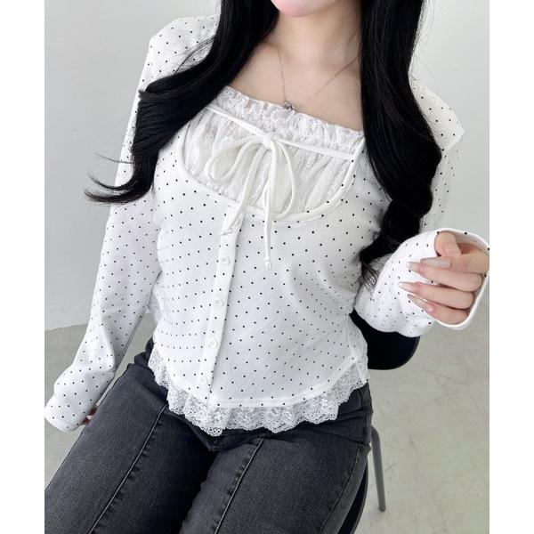 tシャツ レースレイヤード風リボン付きリブトップス レディース