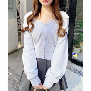 カーディガン 肩リボン装飾付ニットカーディガン レディース
