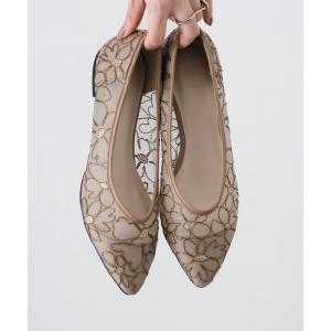 パンプス シアーフラワーレースフラットパンプス
