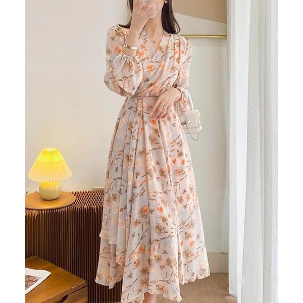 ワンピース Vネックアシンメトリー花柄ワンピース