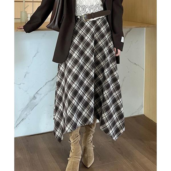 スカート アシンメトリーミモレ丈チェック柄スカート
