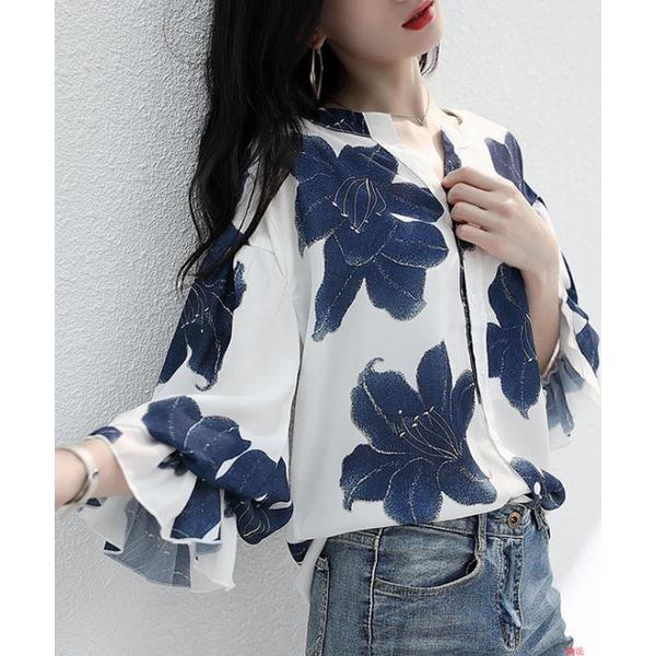 ブラウス シャツ Vネック花柄フリル袖ブラウス レディース