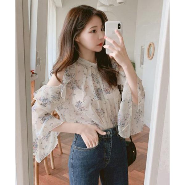 ブラウス シャツ 肩開き花柄シアーブラウス レディース