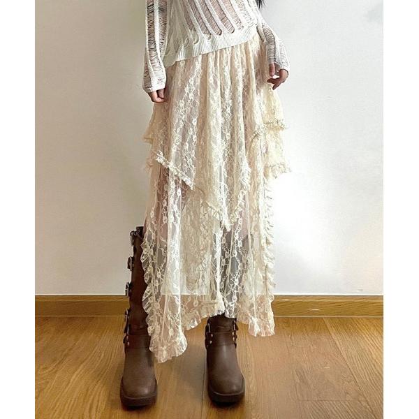 スカート アシンメトリーレースフリルスカート