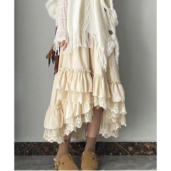 スカート アシンメトリーフリルレースレイヤードスカート
