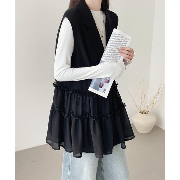 ベスト ジレ 異素材ティアードフリルジレ レディース