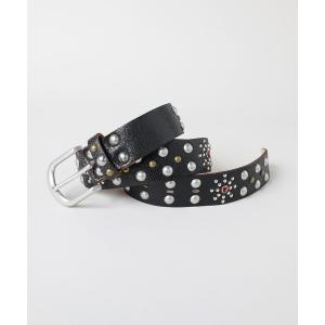 ベルト リアルレザーフラワースタッズベルト メンズ レディース