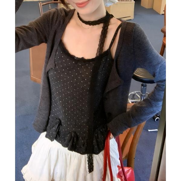 tシャツ 「2点セット」ドット柄フリルキャミ＋カーディガンSET/レースストール付き レディース