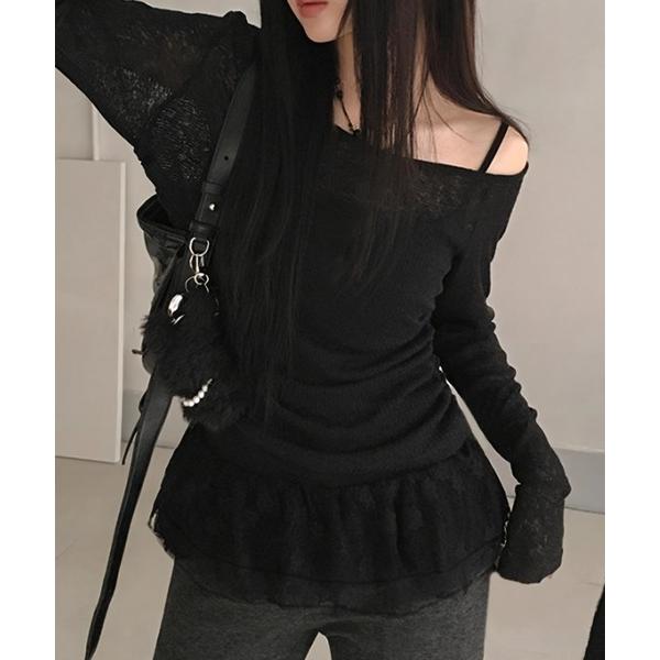 tシャツ 「2点セット」オフショルトップス＋レースフリルキャミSET レディース