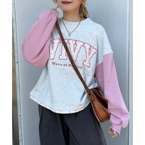 tシャツ 配色切替花柄ワッペンプルオーバー レディース