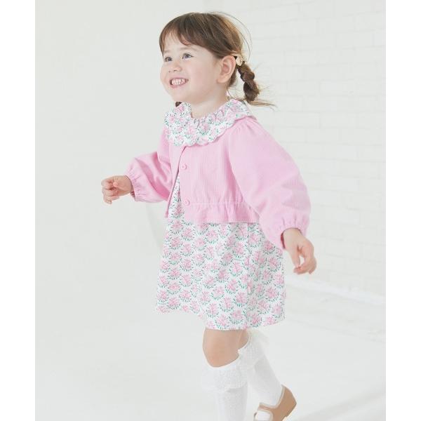 ワンピース 「2点セット」カラーショートカーディガン＆フラワー長袖ワンピース キッズ 子供服 女の子
