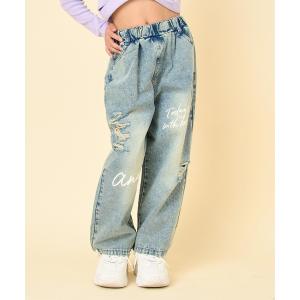 パンツ メッセージロゴクラッシュデニムワイドパンツ キッズ 子供服 女の子