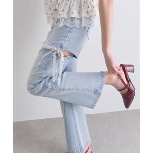 ジーンズ デニム デニムパンツ 「S/Mサイズ展開」サイドスリットリボンストレッチパンツ レディース