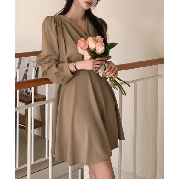 ワンピース Vネック×ウエストリボンワンピース