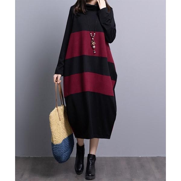 ワンピース ボーダー柄ハイネックワンピース