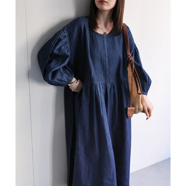 ワンピース 「India Fabric」インド綿ピンタックギャザーワンピース/インドデニム/インドコ...