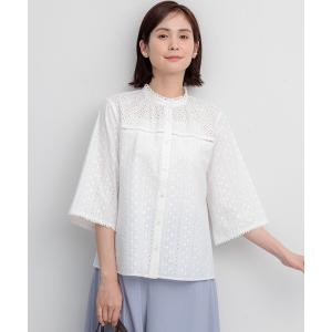 588.※単品※エンブロイダリーレースのふんわりパフスリーブブラウス・長袖※ ブラウス シャツ エンブロイダリーレーススタンドネック レディース