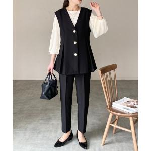 セットアップ ペプラムＶネック金ボタンベスト＆ロングタックワイドパンツスーツセットアップ レディース