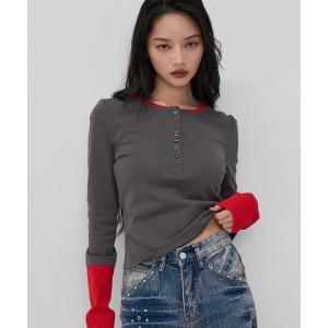 tシャツ half button bicolor tops#3 レディース