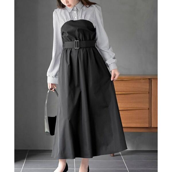 ワンピース 無地×ストライプシャツドッキングワンピース