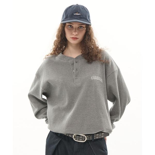 tシャツ 「CODDERR」アーチロゴ刺繍 ドローコード ヘンリーネック サーマル長袖Tシャツ メン...