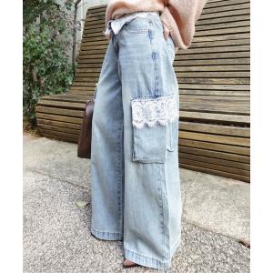 ジーンズ デニム デニムパンツ レース ワイドデニムパンツ レディース