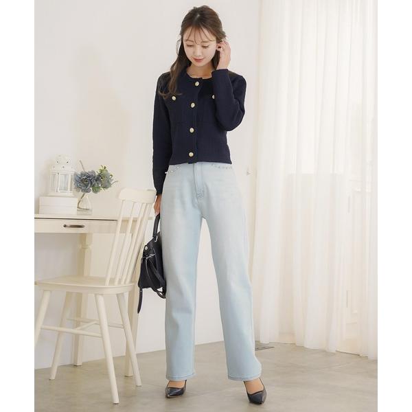 ジーンズ デニム デニムパンツ ウエスト調整 パール デコレーション デニム パンツ le reve...