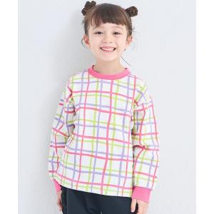 tシャツ 「しなやかストレッチ」ガールズ 総柄チェック 長袖Tシャツ キッズ 子供服 女の子