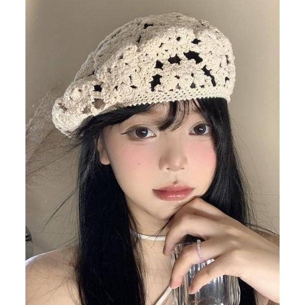 帽子 ベレー帽 「26年春夏新作」カギ編みクロシェベレー帽 レディース