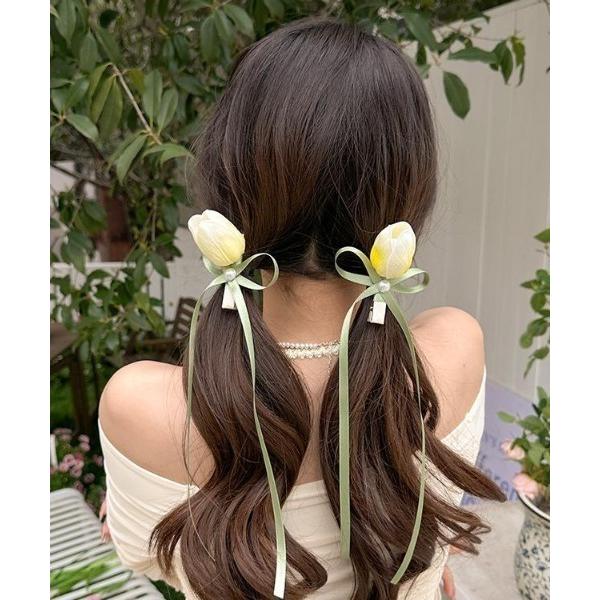 ヘアクリップ 「26年春夏新作」「2点セット」チューリップモチーフリボンヘアクリップ