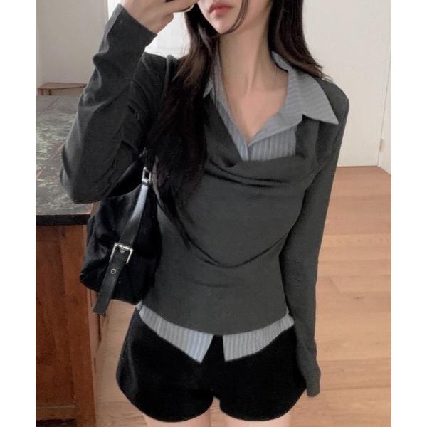 tシャツ 「春夏新作」ストライプシャツレイヤード風ドレープトップス レディース