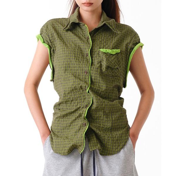 ブラウス シャツ 半袖 「OPEN YY」COLOR BLOCK WIRE SHIRT レディース