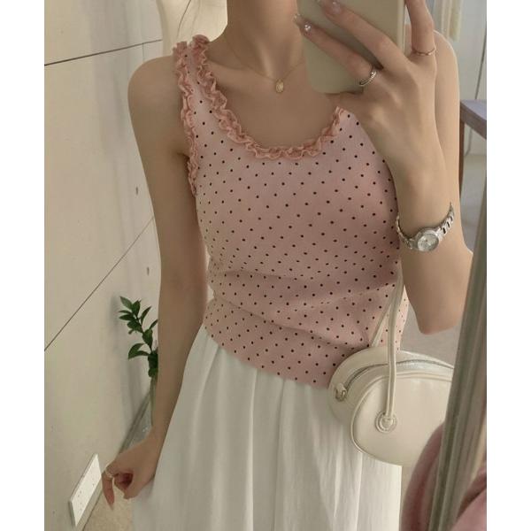 タンクトップ ノースリーブ 「26年春夏新作」ドット柄フリルトリムタンクトップ レディース