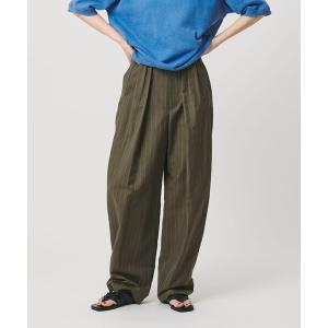 パンツ 麻ブレンド ストライプ タブ タックパンツ レディース