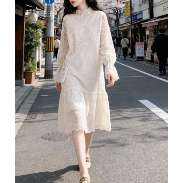 ワンピース 「春の新作」レース ミディ丈ロングスリーブ ハイネックワンピース