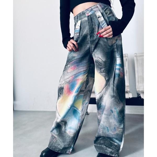 ジーンズ デニム デニムパンツ 「オーロラ」グラフィック ワイドパンツ レディース
