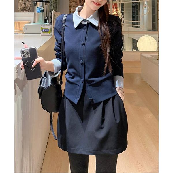 カーディガン バイカラーくるみボタンシャツカーディガン レディース