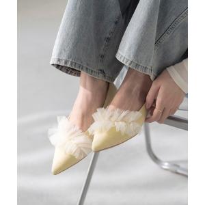 パンプス ポインテッドトゥ チュールフリルパンプス